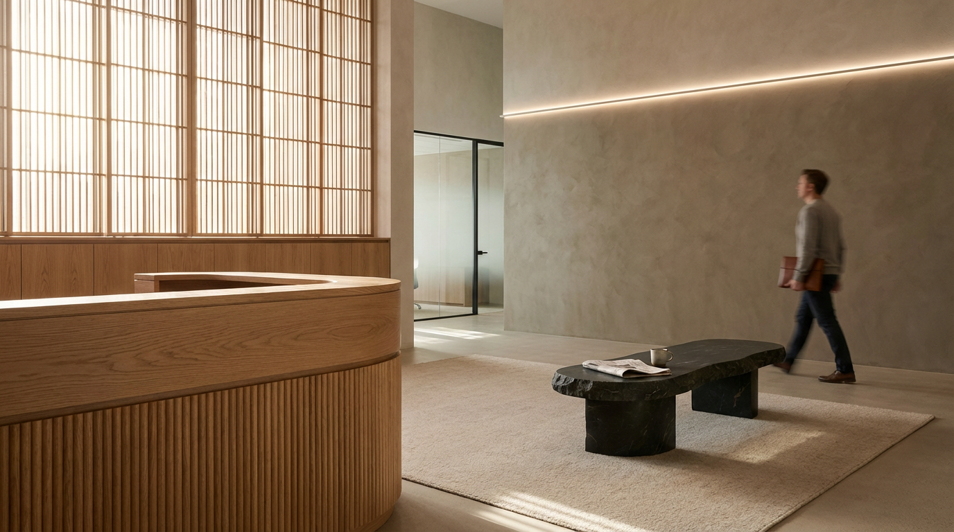 Modern minimalist interior with curved wooden reception desk, black stone coffee table with a cup and newspaper, a person walking with a folder, and soft lighting.
