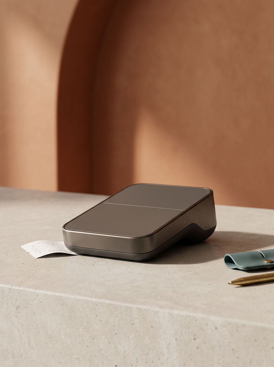 A modern, sleek electronic device with a receipt coming out, sitting on a concrete surface, with a blue ribbon and a gold pen nearby, against a backdrop of a person's bare skin.