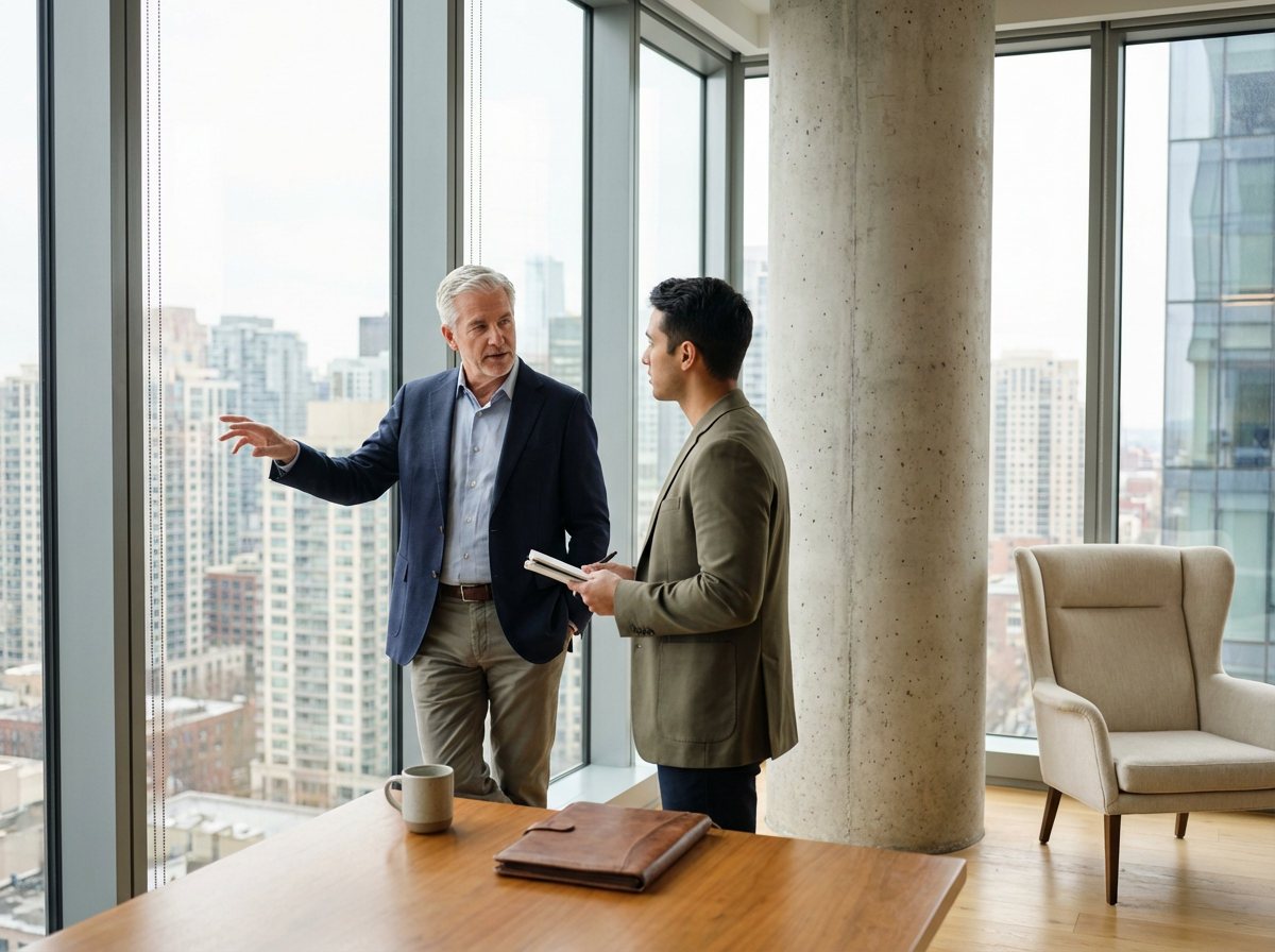 Two men having a business conversation in an office with large windows and a city view, one man is gesturing while talking and the other man is taking notes.