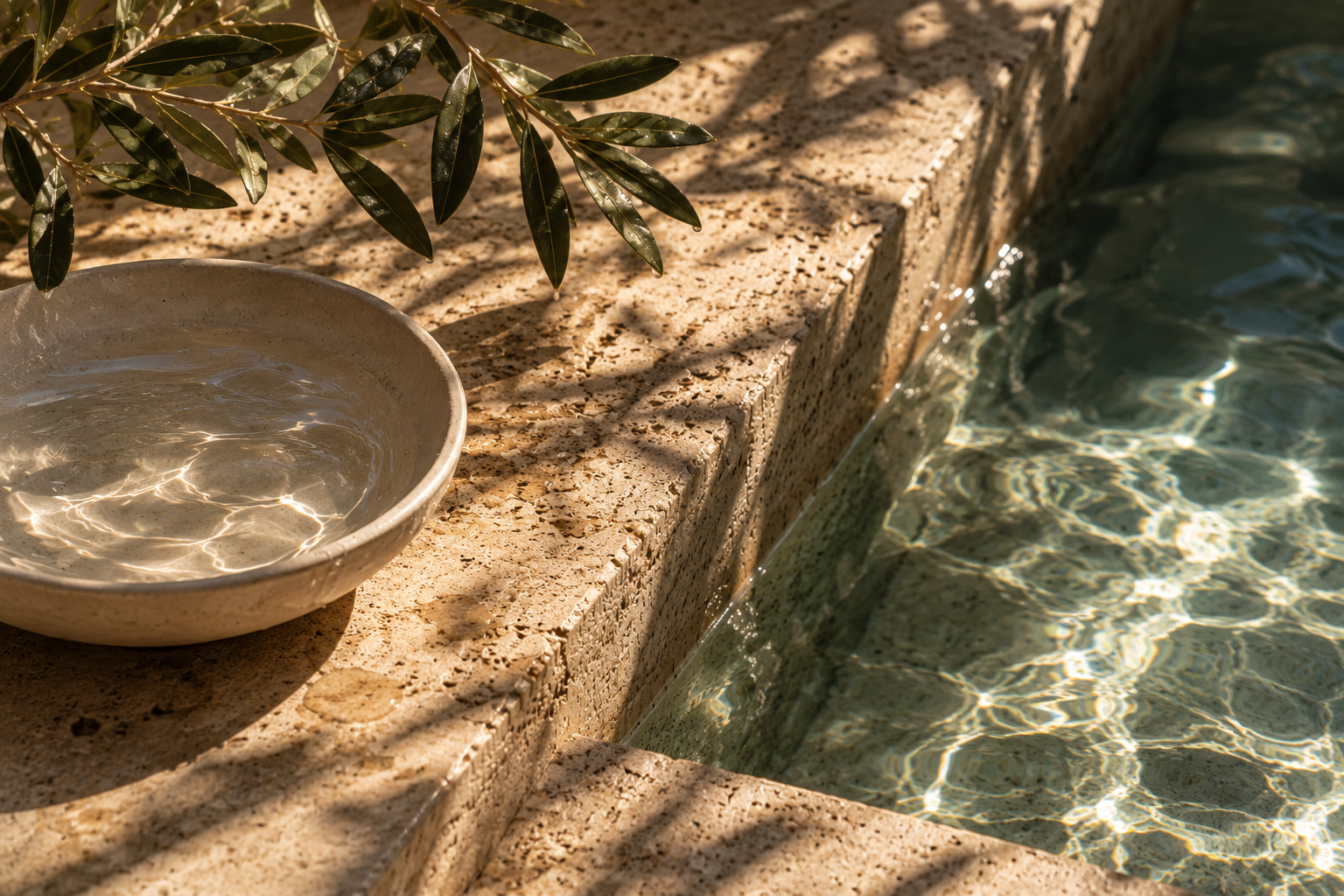 Close-up of a ceramic bowl filled with water on a stone ledge beside a swimming pool, with shadows of leaves cast on the surface.