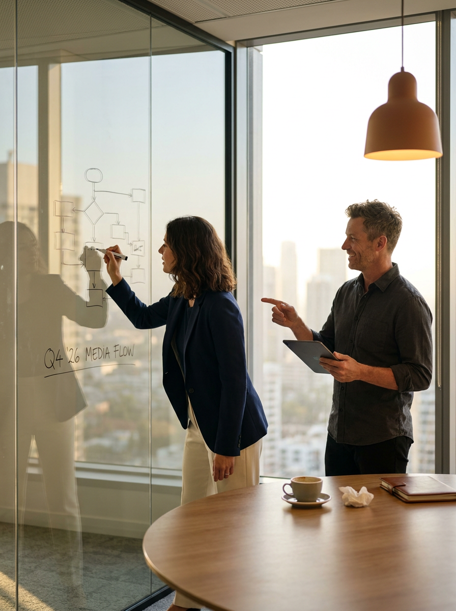 Homem e mulher discutindo uma diagramação na lousa de vidro em uma sala de escritório com vista para a cidade ao fundo, durante uma reunião de trabalho.