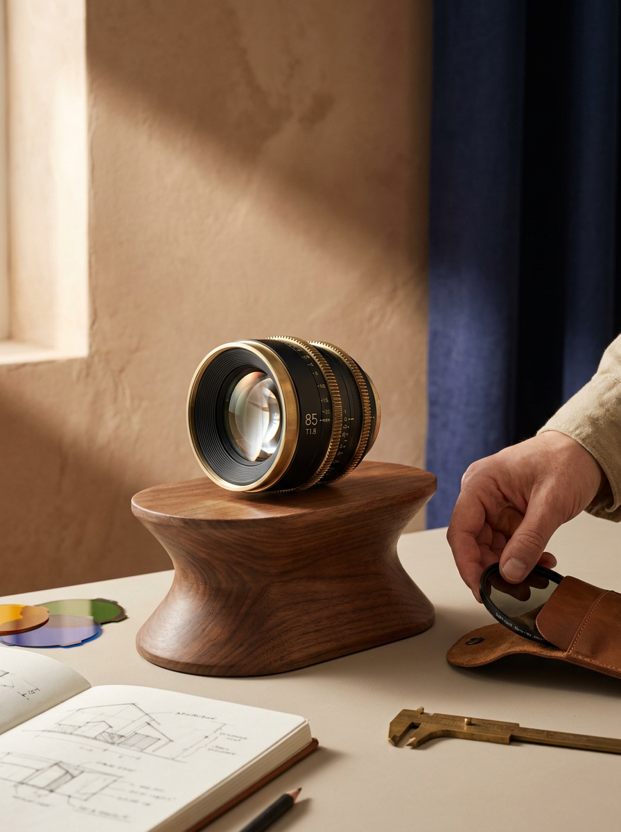 Lente de câmera de grande foco sobre uma mesa de madeira, ao lado de um caderno com desenhos técnicos, uma régua antiga e acessórios de fotografia, com uma pessoa ajustando um filtro polarizador.