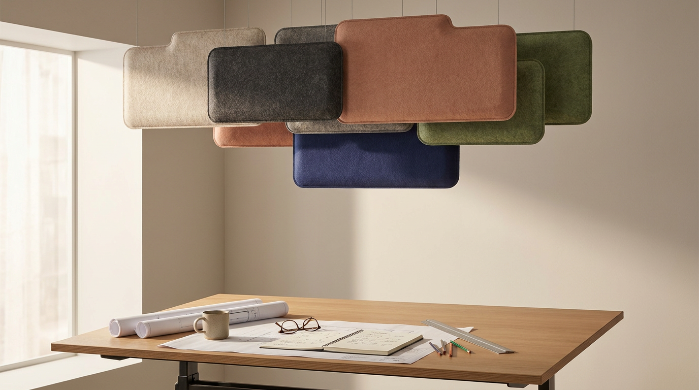 Mesas coloridas empilhadas suspensas acima de uma mesa de madeira com projetos, uma caneca, uma régua, lápis e um caderno abierto.