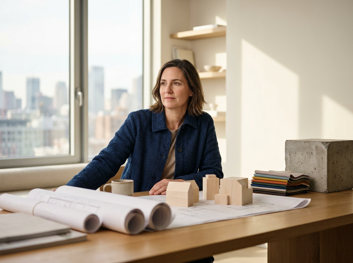 Mulher sentada na mesa com projetos de arquitetura, modelos de madeira e tecidos, em um escritório com janela grande com vista da cidade ao fundo.