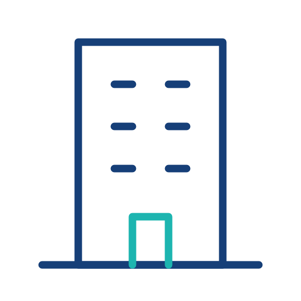 Line drawing of a tall building with multiple windows and a door at the bottom, in blue outline style on a black background.