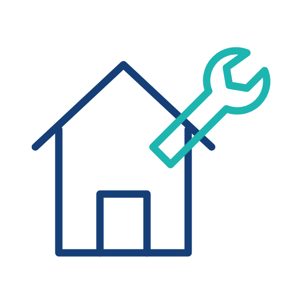 Outline of a house with a wrench and screwdriver crossing each other over it.