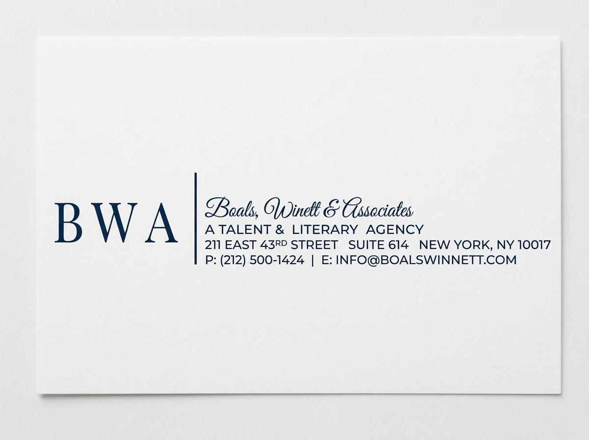 Boals, Winnett & Associates talent and literary agency business card with New York City address and contact information