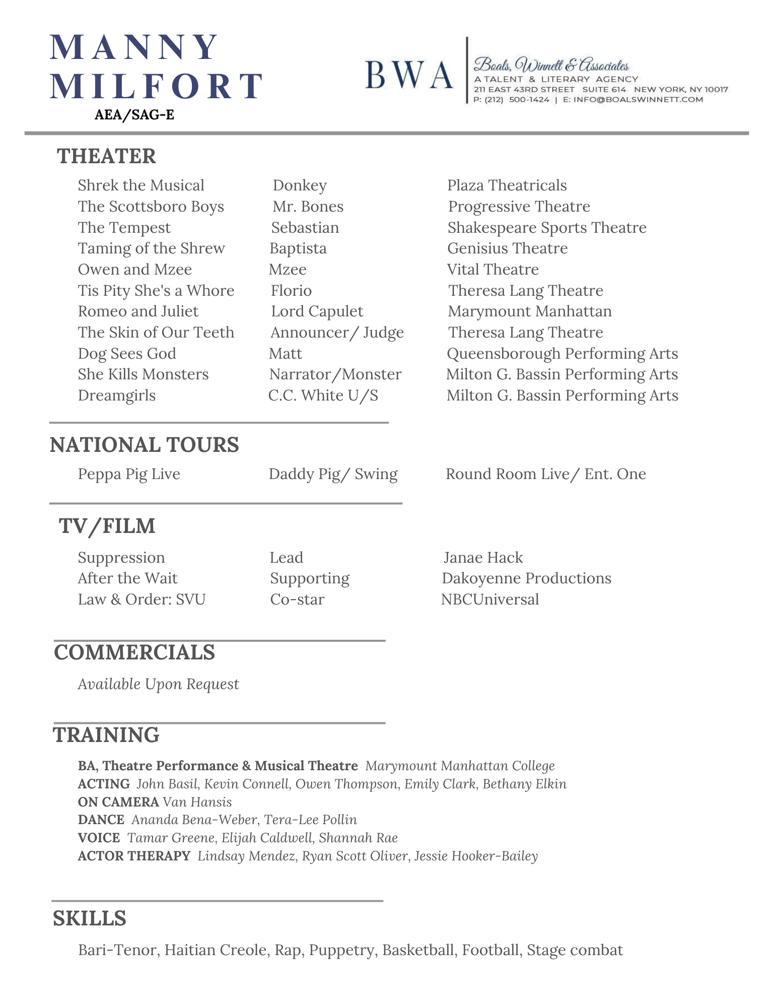 Manny Milford actor résumé listing theater, national tours, TV and film credits, training, and skills.