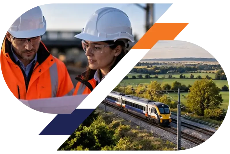 Railway workers in safety gear alongside a passenger train traveling through the countryside