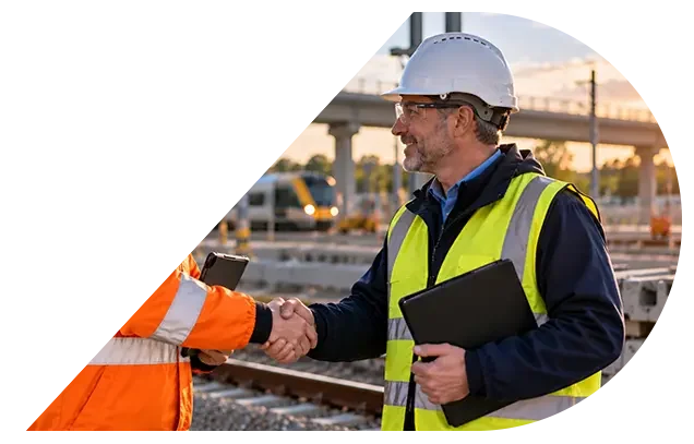 Construction workers shaking hands at a rail construction site, with a supervisor holding a tablet.