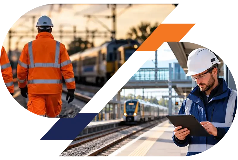 Railway workers in orange safety gear and an engineer with a tablet at a train station