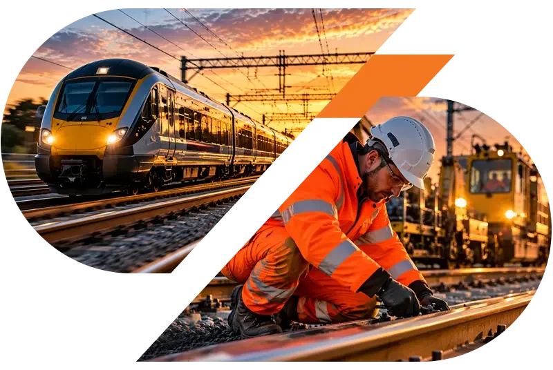 Modern passenger train and railway worker in high-visibility orange gear inspecting tracks at sunset