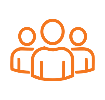 Orange outline icon of a central person with two people behind them, representing a team or group