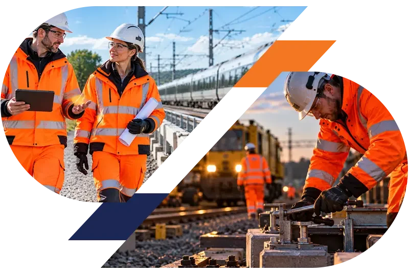 Railway workers in orange high-visibility clothing inspecting and repairing tracks near electrified railway lines