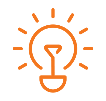 Orange light bulb icon with rays and a stylized funnel-shaped filament on a black background