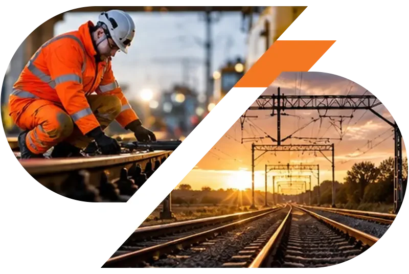 Railway worker in orange safety gear repairing tracks beside electrified railroad tracks at sunset