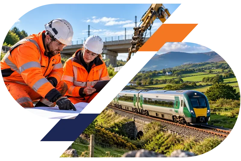 Transportation infrastructure workers reviewing plans beside construction equipment, with a passenger train traveling through a rural mountain landscape