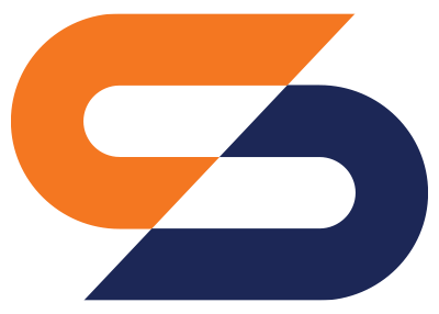 Abstract orange and navy blue interlocking geometric logo