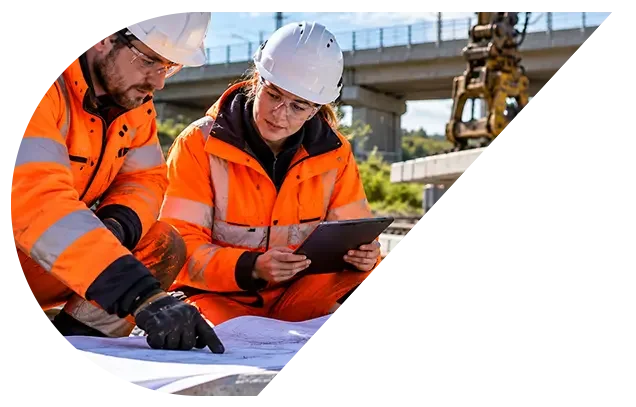 Construction workers in orange safety gear and white hard hats reviewing blueprints and a tablet at a bridge construction site.