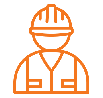 Orange construction worker icon wearing a hard hat and safety vest