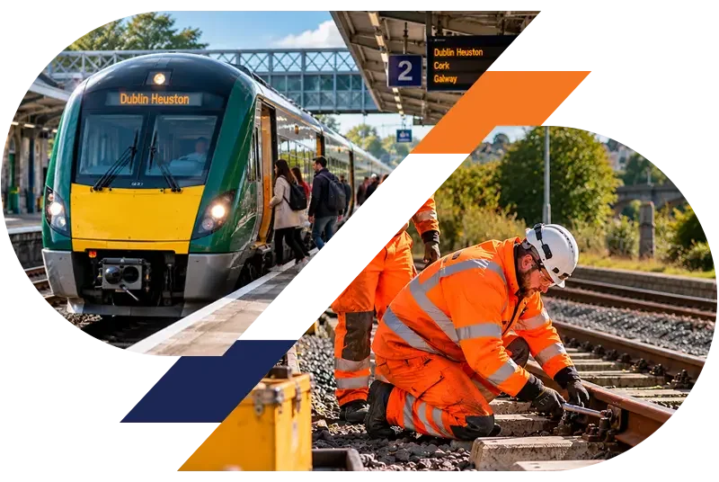 Irish Rail train at Dublin Heuston station beside railway workers repairing tracks