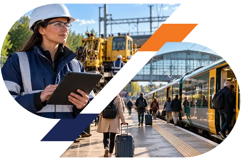 Railway engineer holding a tablet beside construction equipment and a modern passenger train at a busy station