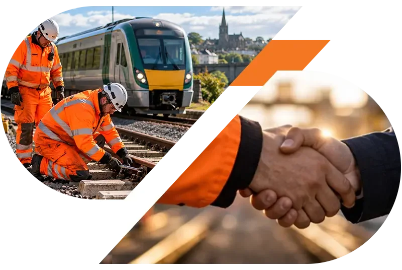 Railway workers in high-visibility orange uniforms repairing tracks beside a modern train, alongside a business handshake.