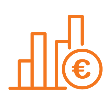 Orange bar chart with a euro currency symbol inside a circle