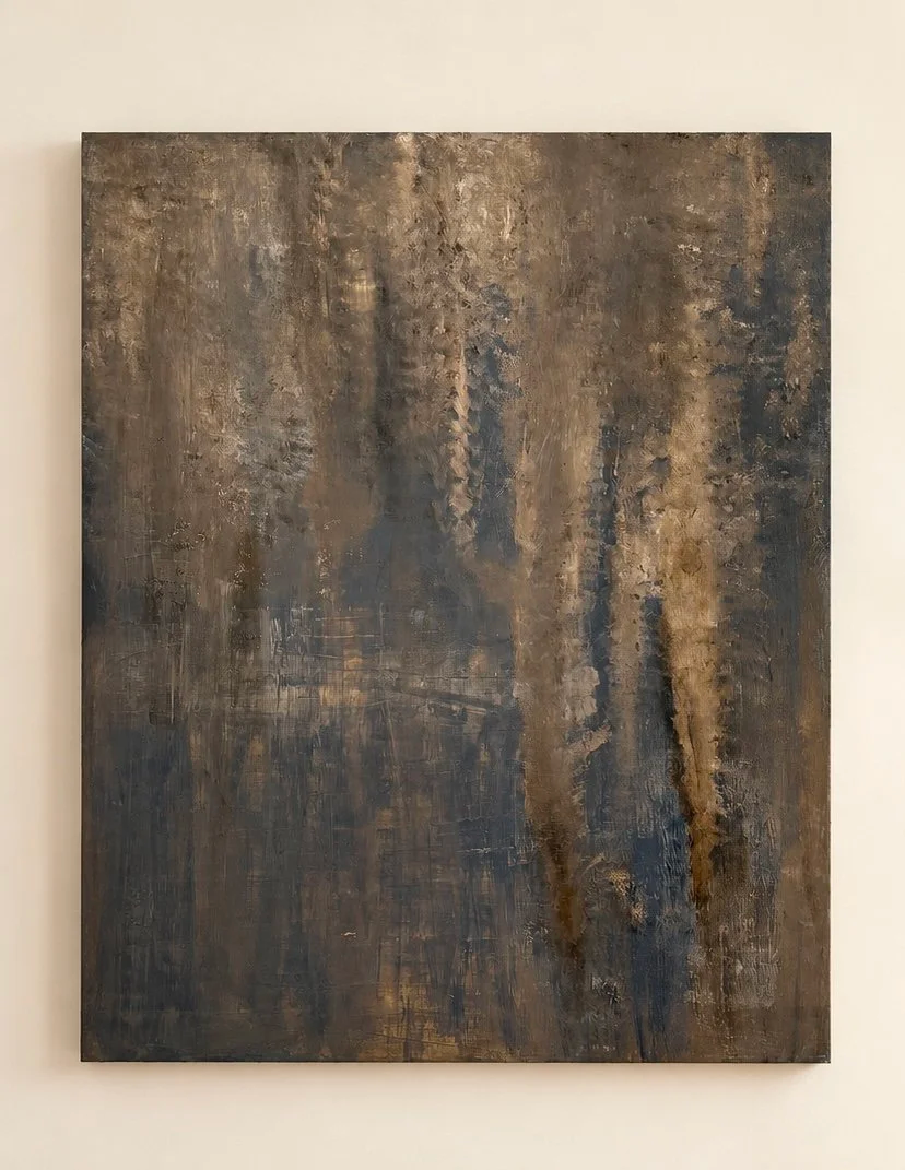 What Remains Below, a textural painting by Tatyana Russell with layered charcoal, deep brown, ochre, and muted blue tones and weathered vertical markings.