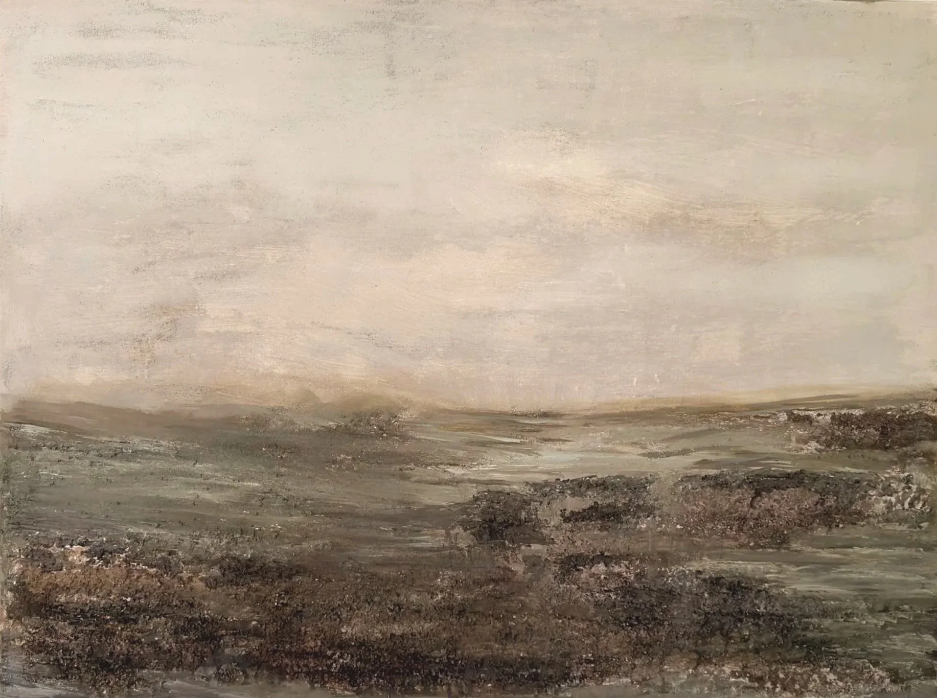 The Land Holds Memory by Tatyana Russell, horizontal textural abstract painting in layered taupe, gray, brown, and mineral earth tones.