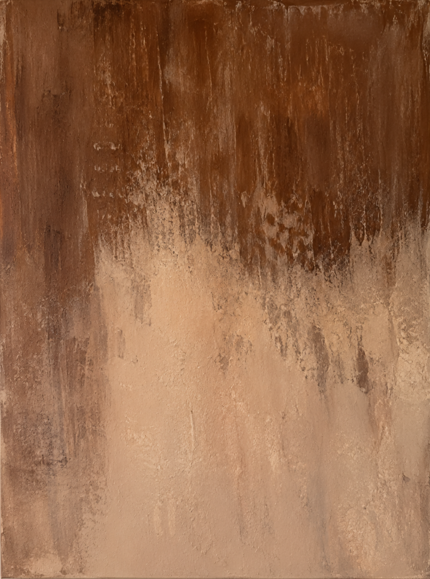 Where Earth Softens, a textural painting by Tatyana Russell with layered rust brown, warm beige, cream, and earthy mineral tones transitioning across the surface.