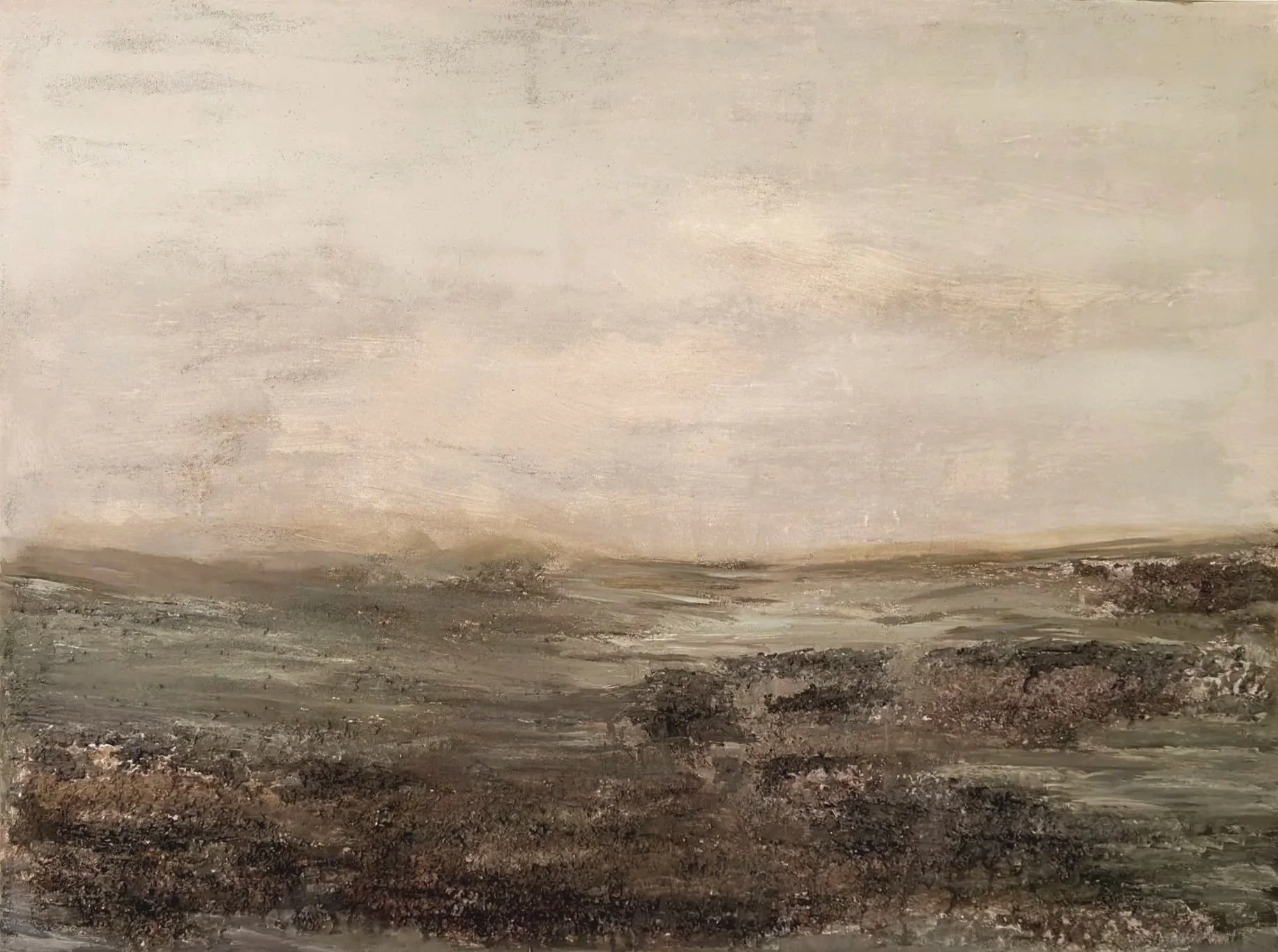 The Land Holds Memory by Tatyana Russell, horizontal textural abstract painting in layered taupe, gray, brown, and mineral earth tones.