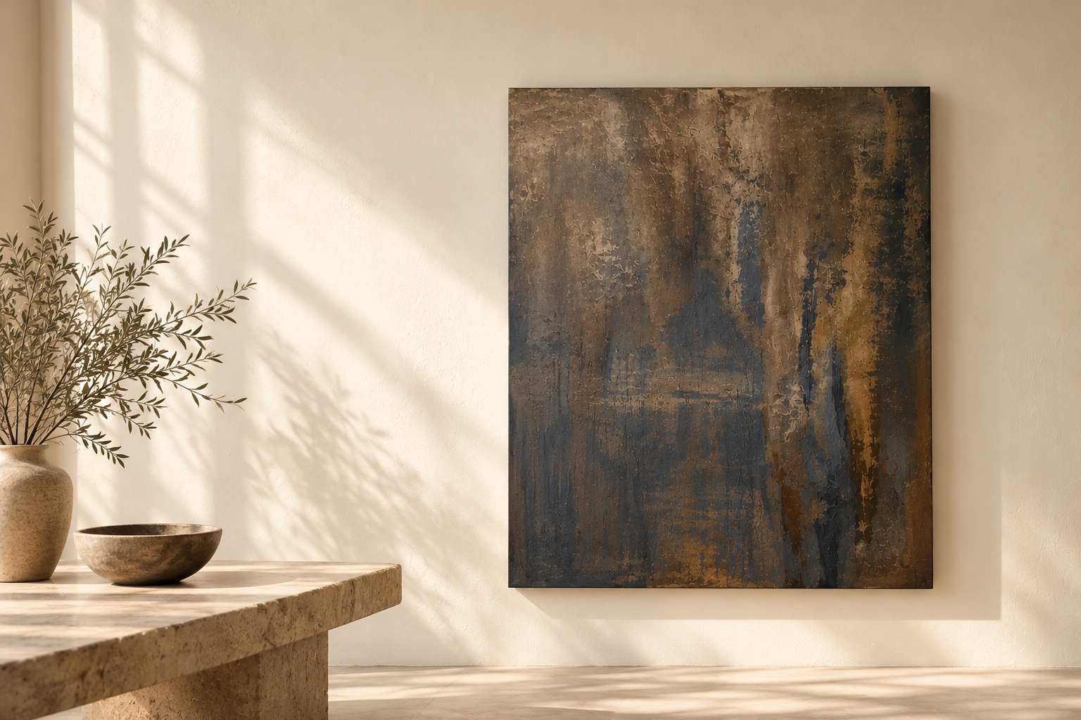 What Remains Below, a textural painting by Tatyana Russell in layered charcoal, deep brown, ochre, and muted blue tones, displayed in a warm contemporary interior.