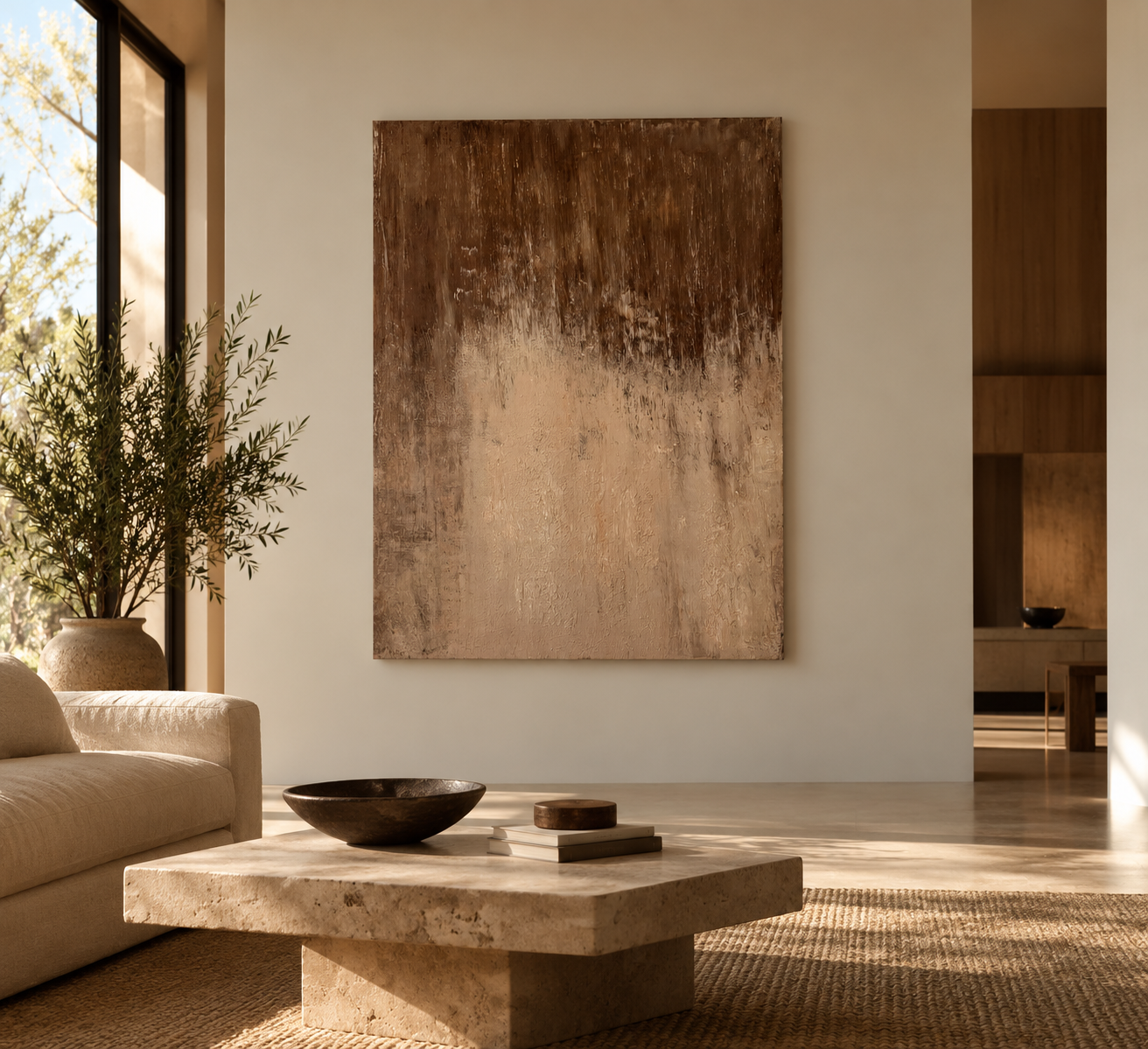 Where Earth Softens, a textural painting by Tatyana Russell in layered brown, cream, and warm beige tones, displayed in a softly lit contemporary interior.