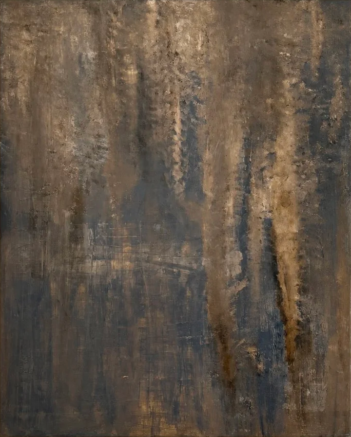 What Remains Below, a textural painting by Tatyana Russell with layered charcoal, deep brown, ochre, and muted blue tones and weathered vertical markings.
