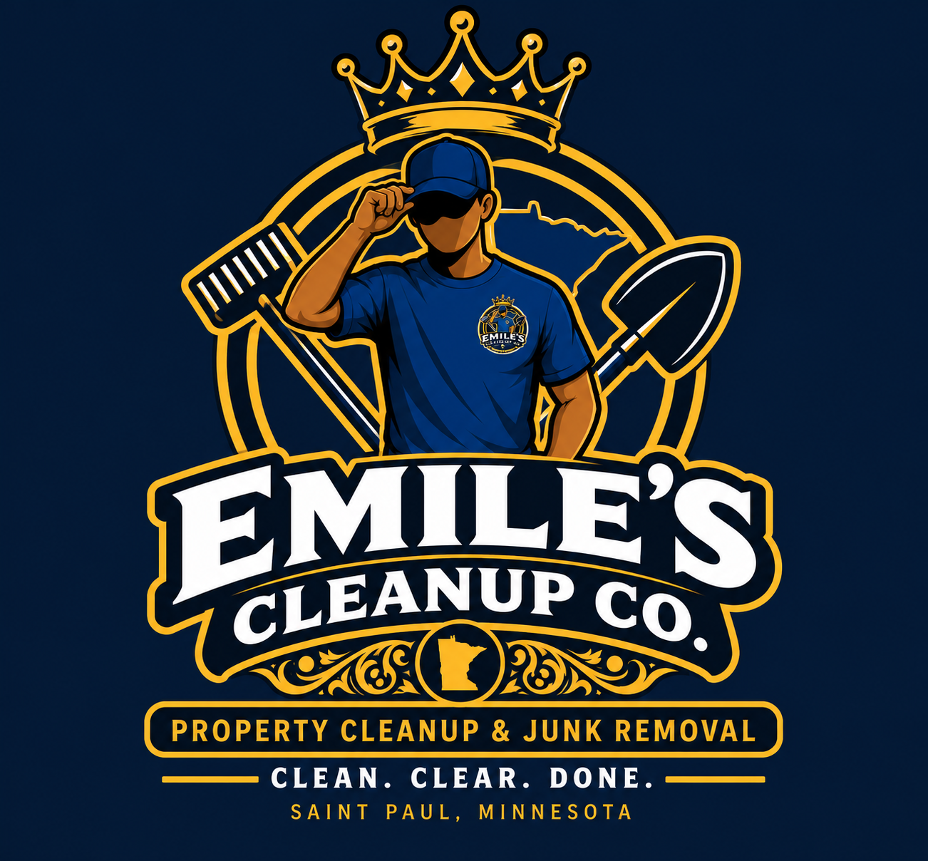 Logo for Emile's Cleanup Co., a property cleanup and junk removal service in Saint Paul, Minnesota, featuring a person in a blue uniform tipping his cap, with gardening tools and a crown in the background.