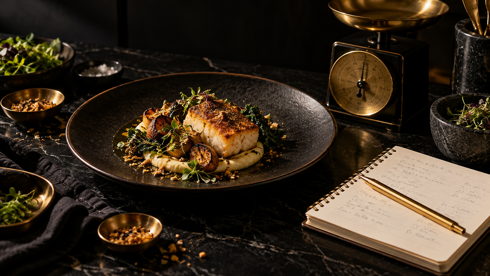 Plate Cost recipe and ingredient costing still life with a plated dish, scale and recipe notebook