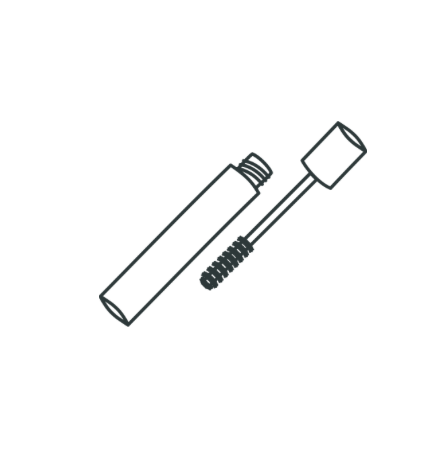 Illustration of an open tube of mascara with a bristled applicator wand