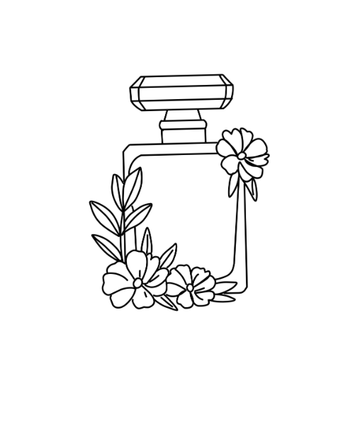 Black-and-white line drawing of a vintage perfume bottle decorated with flowers and leafy vines.