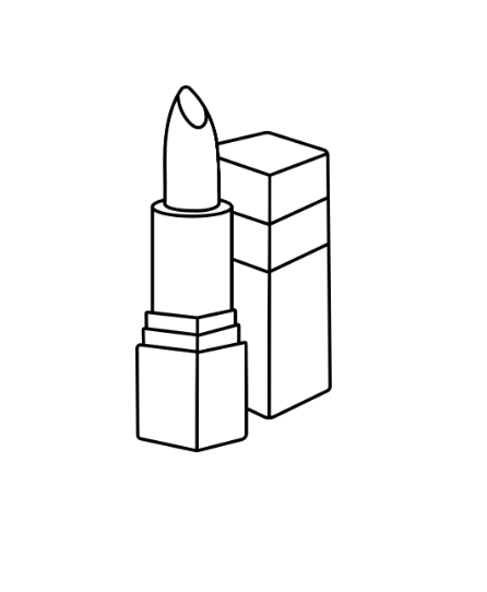 Line drawing of an open lipstick tube with lipstick beside its rectangular cap.