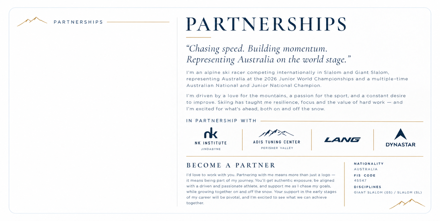 Information page about partnerships featuring logos of NK Institute, ADIS Tuning Center, LANG, and DYNSTAR, with a mountain icon at the top and bottom.