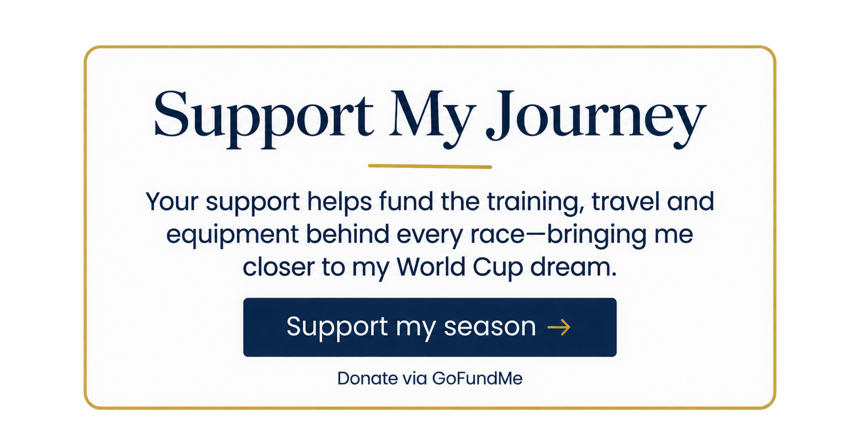 Support My Journey donation page with a message about funding training, travel, and equipment for race dreams, featuring a support button and donation link.