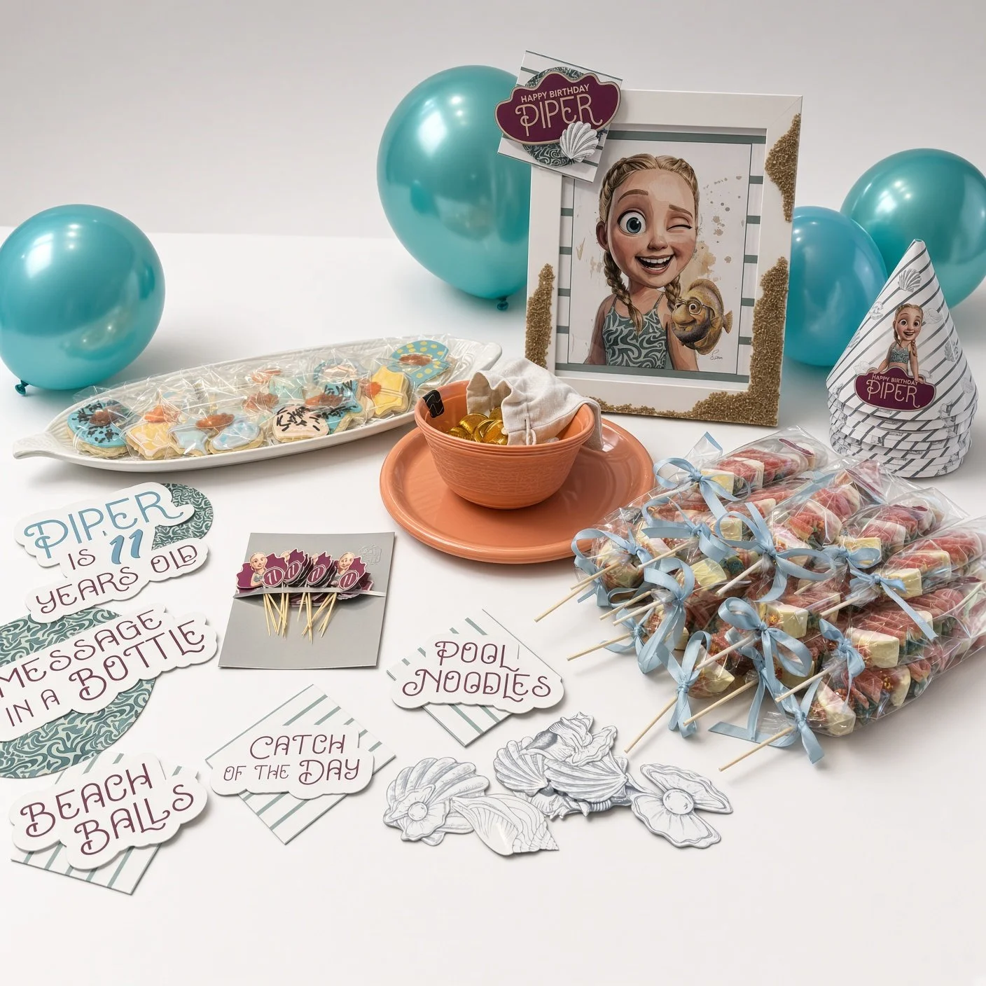 Table de fête avec ballons turquoise