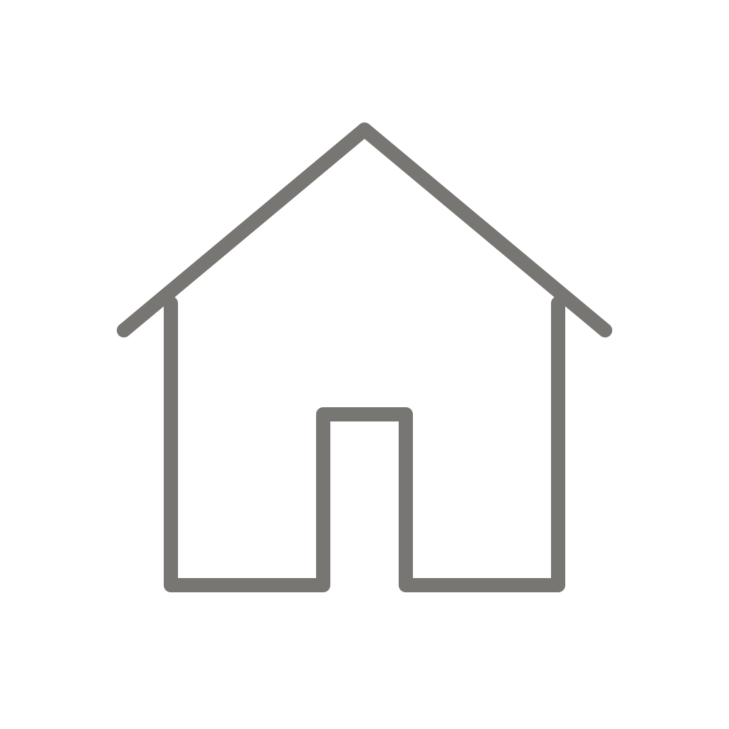 Outline of a house with a gable roof and an open door.