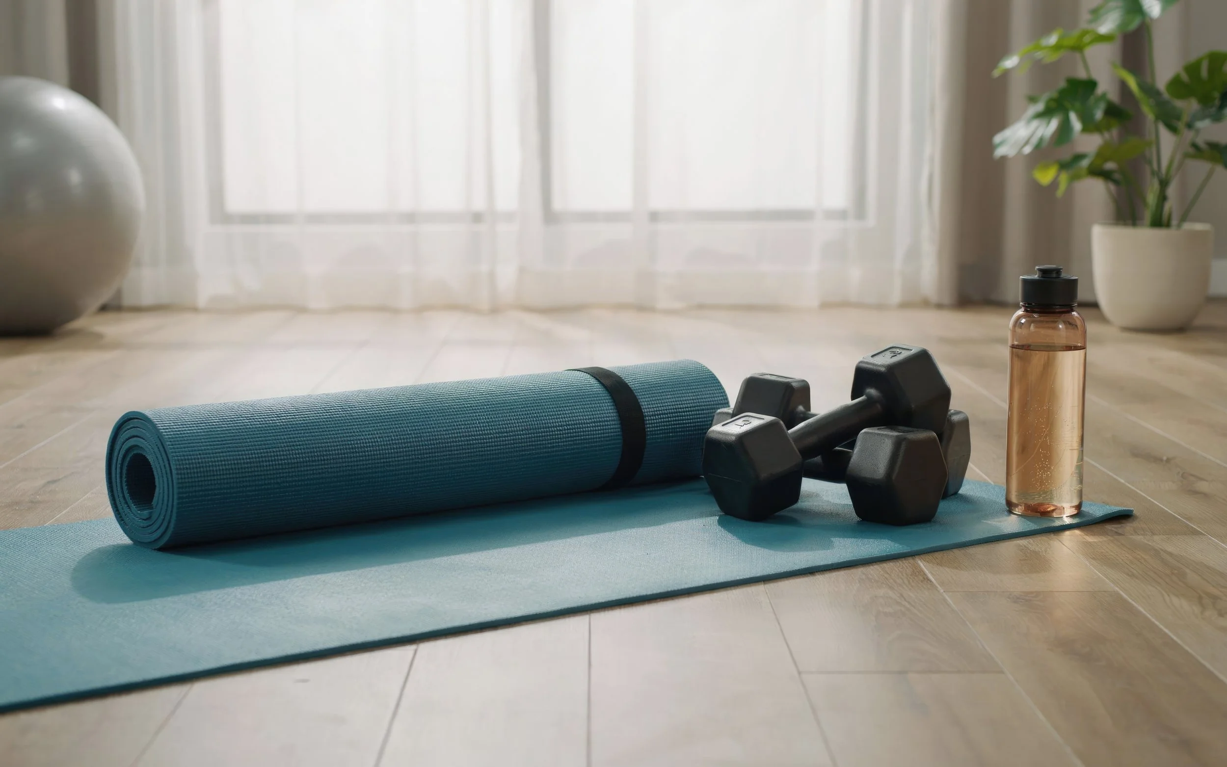 Blue yoga mat, black dumbbells, a pink transparent water bottle, and a gray exercise ball are arranged on a light wooden floor in front of white curtains and a large houseplant in a white pot.