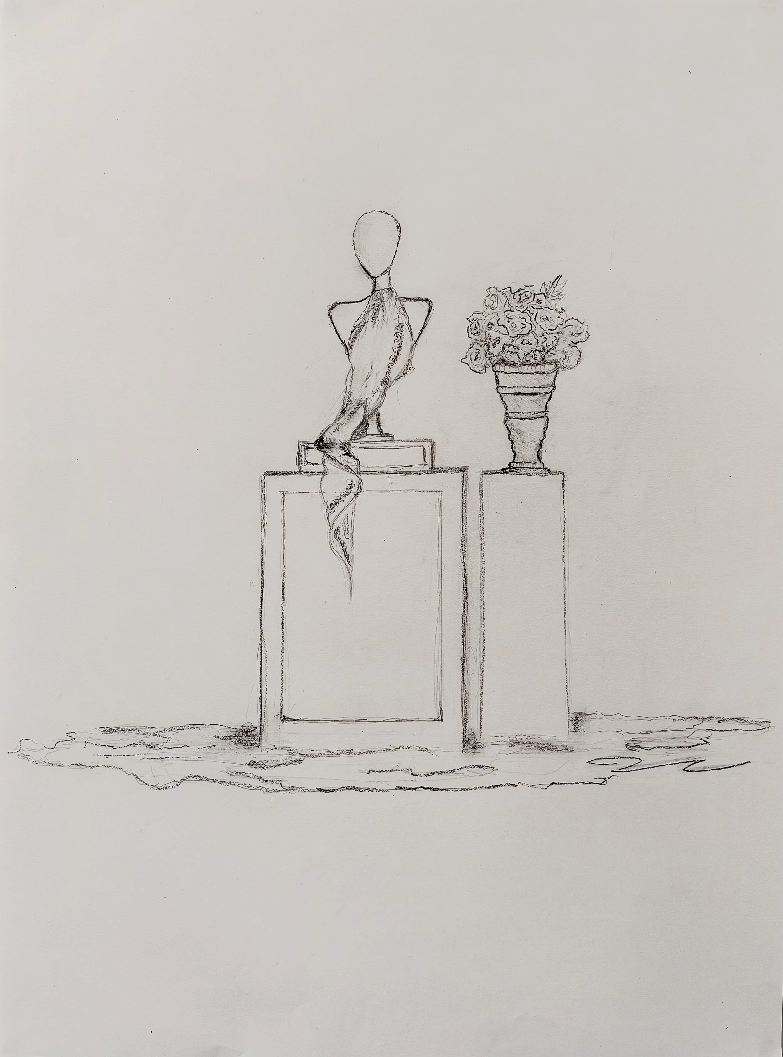 A pencil sketch of a mannequin with a long scarf draped over its shoulder, standing on a pedestal. To the right, a tall vase filled with a bouquet of flowers is on a separate pedestal.