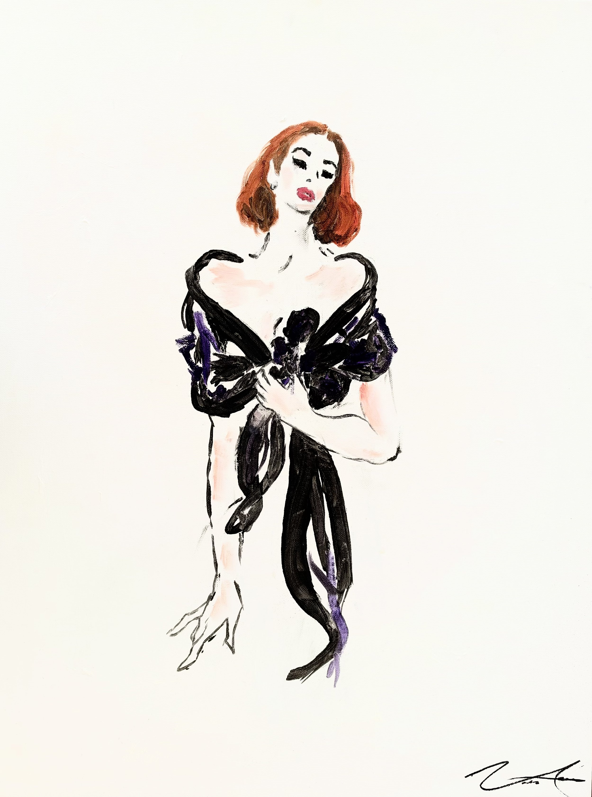A watercolor illustration of a woman with red hair, wearing black clothing draped around her and holding a cat, set against a white background.