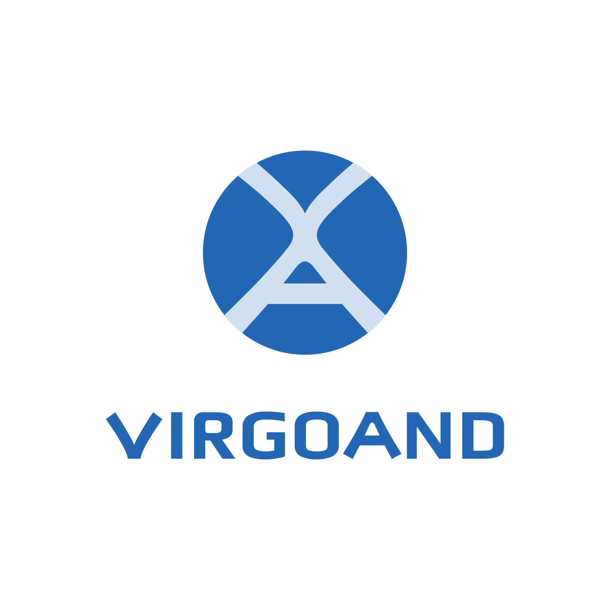 Virgoand logo featuring a blue circular emblem with a stylized light blue geometric symbol and blue “VIRGOAND” text on a black background