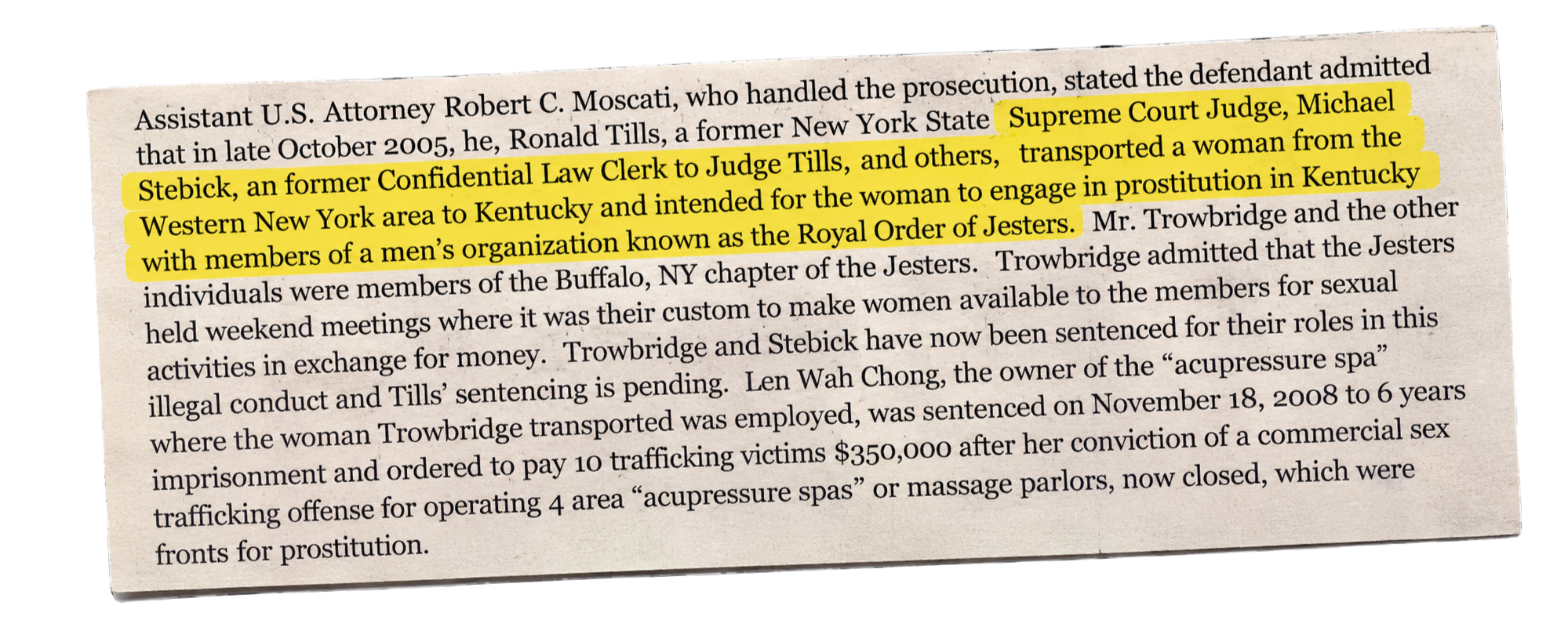 Close-up of a document highlighting a paragraph about Judge Michael Stebick, a former Confidential Law Clerk to Judge Tills, involved in a prostitution-related case.