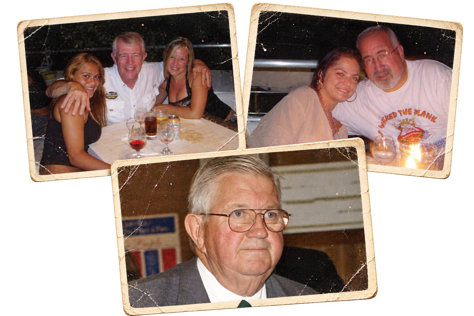 A collage of three vintage photos. The top left photo shows three people, two women and one man, sitting at a table with drinks; they are smiling and appear to be at an outdoor restaurant at night. The top right photo depicts a woman with dark hair and a man with a beard sitting close together, smiling, with a candlelight in front of them. The bottom photo features an older man with glasses and gray hair wearing a suit, looking serious, with a blurred background that includes a sign.